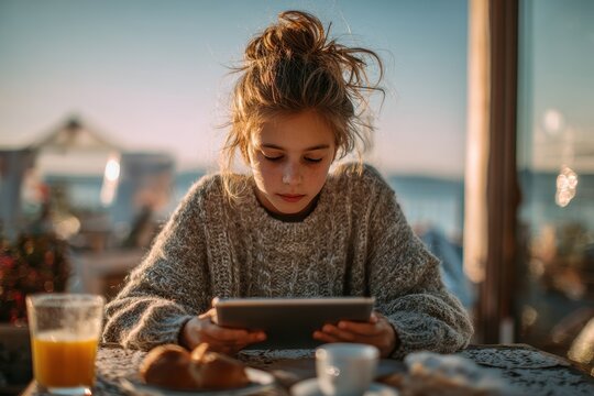 A young girl enjoying breakfast on the terrace while reading messages on her tablet captured with selective focus