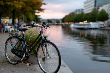 Fototapeta premium A stylish black bicycle parked beside a picturesque canal, reflecting the warm glow of a sunset with soft lights, evoking a sense of calm and leisurely exploration.