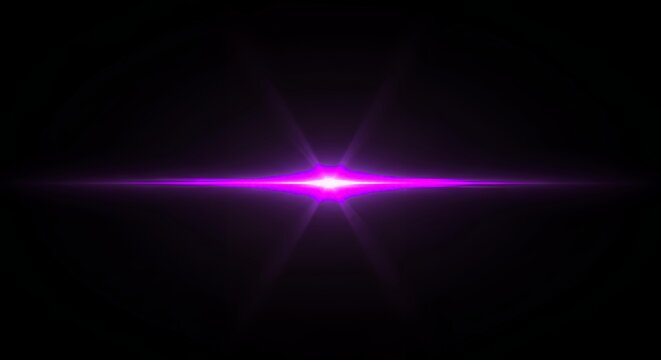 Brilliant purple magenta light burst with vertical rays and lens flare effect on black background for creative visual projects