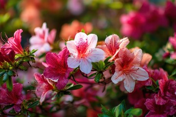 Obraz premium Lively azaleas flourish in the sun their colorful petals shining in pink red and white Surrounded by greenery they stand out beautifully