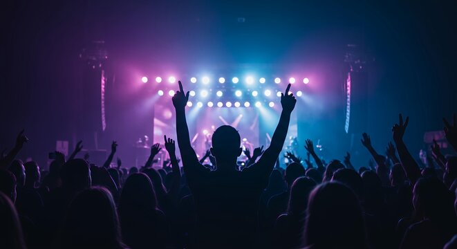 Energetic concert crowd silhouettes with raised hands at live music festival with colorful stage lighting and spotlights - Powered by Adobe