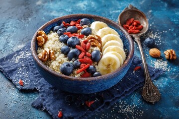 Nutritious vegan breakfast bowl with quinoa fresh fruit and nuts on a blue backdrop