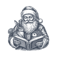 Santa Claus Merry Christmas Vintage Vector Retro Xmas Greeting Card With Book Rabbit And Hedgehog