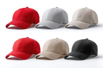 Isolated white background with a set of five colored visored hats including a gray and red one for women