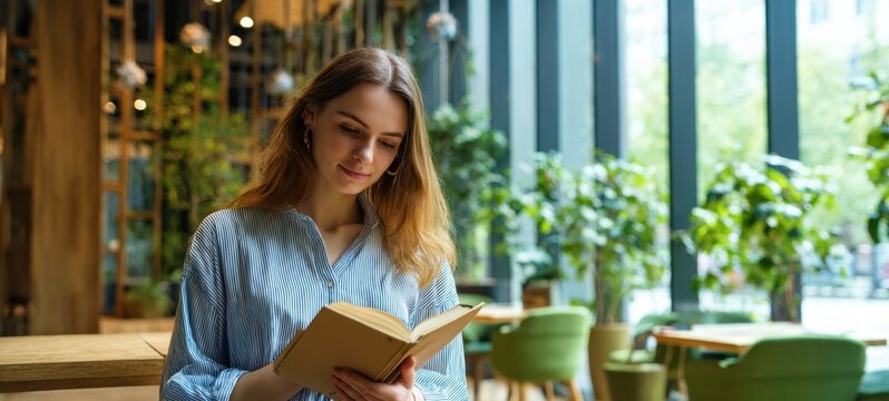 The woman reading a book in a cozy modern cafe by large windows