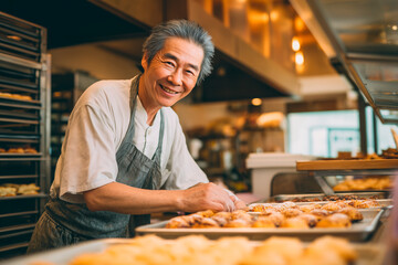 Smiling baker arranging pastries on baking tray in bakery