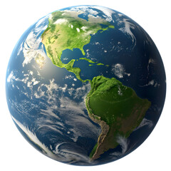 Detailed Planet Earth Globe Showing North and South America, Clouds and Oceans on transparent background