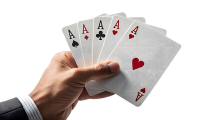 Ces held by hand, poker game, gambling concept on transparent background