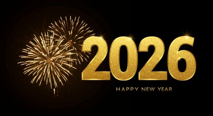 Brilliant golden 2026 numbers with explosive fireworks celebration display perfect for New Year party invitations and holiday marketing materials