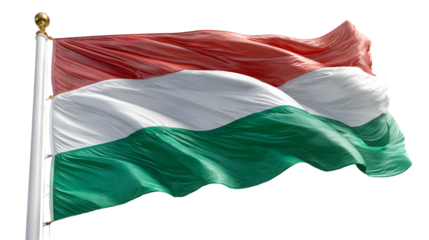 A hungarian flag waving in the wind with red white and green stripes against a black background