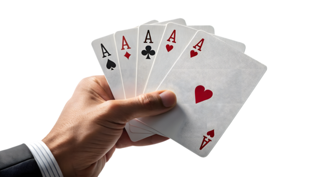 Ces held by hand, poker game, gambling concept on transparent background