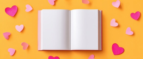 The Open Book Surrounded by Pink Heart Cutouts on Vibrant Orange Background