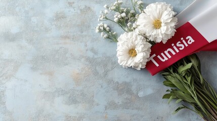 Tunisia festive scene: national symbol, joyful citizen, cultural celebration, historic memory, Carthage music, Tozeur harvest, proud tradition, republic spirit, coastal heritage, freedom pride unity