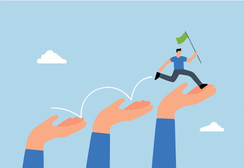 mentorship to assist employee to success, entrepreneur ascends growth ladder of massive hand to reach target.