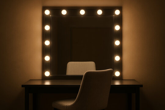 Stylish vanity mirror with bright bulbs reflects cozy ambiance