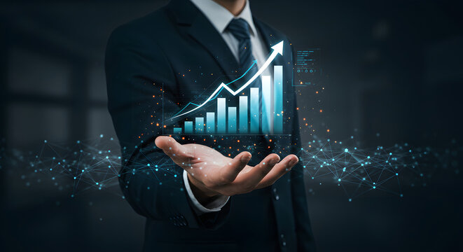 A businessman in a suit holds a rising bar graph with an upward arrow, surrounded by digital particles, symbolizing growth and success.
