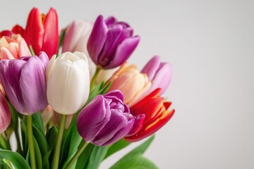 Fototapeta premium Spring bouquet of tulips on a white background for Women s Day and Valentine s birthday card