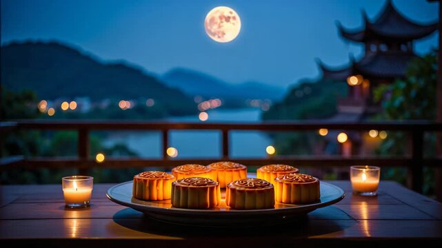 Mid Autumn Festival, mooncakes on table, full moon night, candlelight celebration, Chinese tradition, scenic view, cultural heritage, holiday dessert, peaceful evening, seasonal festivity