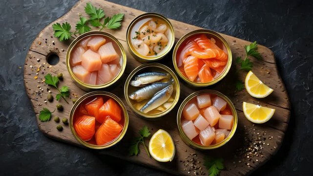 Gourmet tinned fish, seafood assortment, canned delicacies, salmon and sardines, elegant presentation, culinary board, preserved food, lemon wedges, herbs and spices, artisanal selection