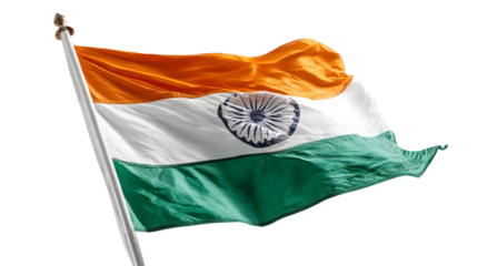 A close up view of the indian flag waving in the wind with a black background on a sunny day outside