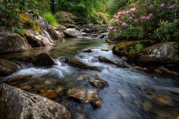 Effortless water flows over stones in a swift stream surrounded by rhododendrons viewed horizontally