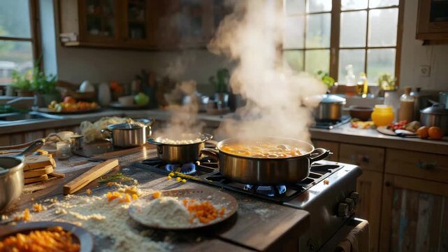 Steaming food, rustic kitchen scene, homemade cooking, boiling pots, cozy interior, gas stove, messy countertop, warm daylight, traditional home meal, culinary process