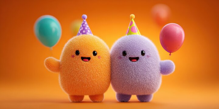 Two stuffed animals, one orange and one purple, are holding balloons and smiling
