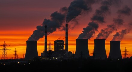 Industrial power plant with cooling towers and smokestacks emitting steam against dramatic orange sunset sky