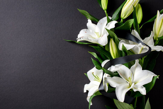 White lilies with black ribbon on black background. Symbolic floral arrangement for funeral, mourning, remembrance, or condolence themes. Elegant and minimalist composition.