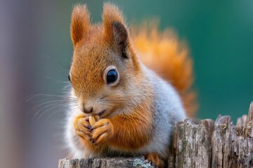 Fototapeta premium A young red squirrel munches on seeds while perched on a stump Typical squirrel Zoomed in view