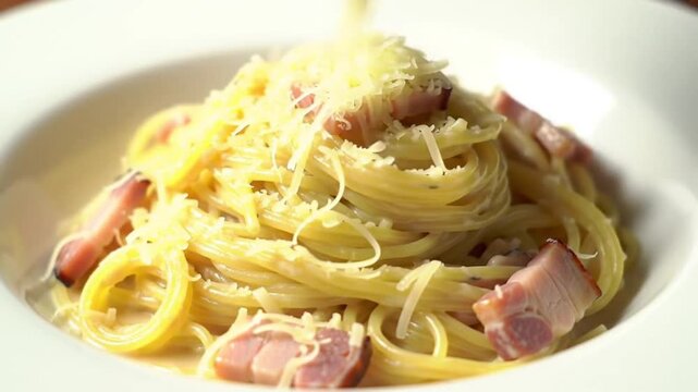 Spaghetti carbonara with creamy sauce and crispy pancetta