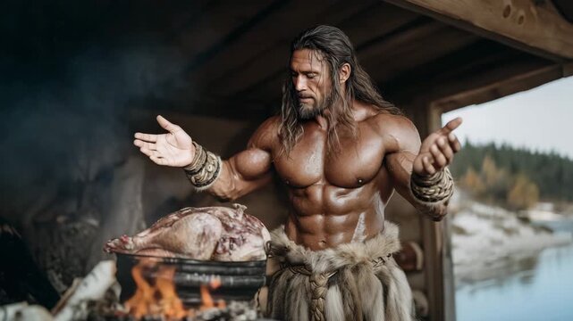 A strong man with long hair and a muscular body, dressed in skins, looking like a Viking or a warrior, spreads his arms in greeting over a brazier where a bird is being cooked. Fantasy style shot.