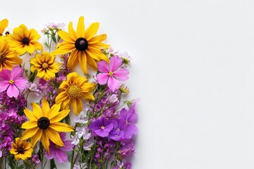 Flat lay of flowers black eyed Susans tickseed and phlox on a white backdrop with room for text