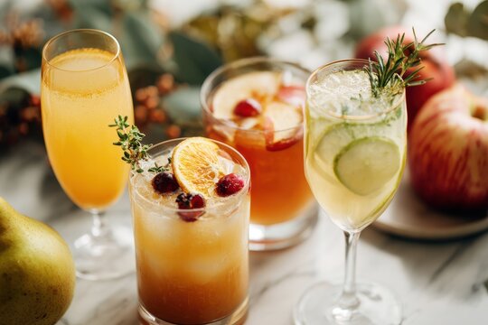 Selection of autumn drinks featuring apple cider in a sunny atmosphere ideas for fall brunch beverages
