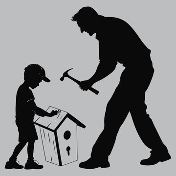 recommend clip art: Father helping son build birdhouse silhouette vector design art and illustration