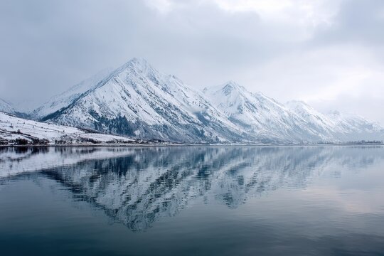 It exudes tranquility and strength The silent snow capped peaks rise majestically mirrored in the serene water It imparts a sensation of timelessness evoking feelings of insig