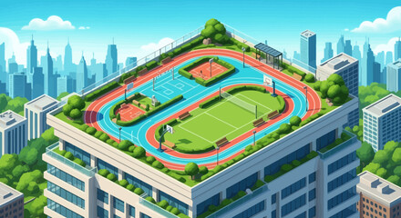 Rooftop sports complex running track tennis basketball court building city skyline recreation urban design