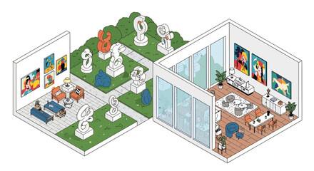 Isometric art gallery interior design with sculptures paintings furniture and modern architecture layout view