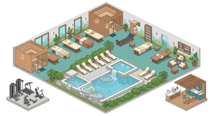 Isometric spa wellness center with pool sauna massage beds gym equipment and relaxation area rendering design