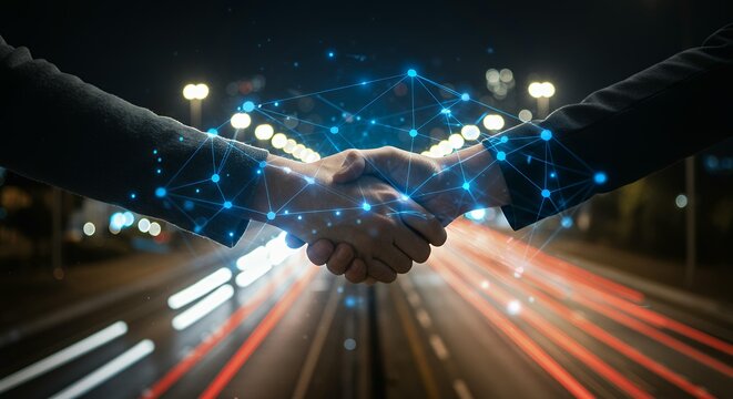 Business handshake with complex digital network web overlay on motion-blurred city street with dynamic light trails