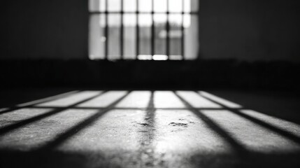 Prison Cell Window Casting Shadows On The Floor. Symbolizes Confinement And Solitude