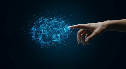 Human hand reaching toward digital brain network representing artificial intelligence technology and machine learning concept