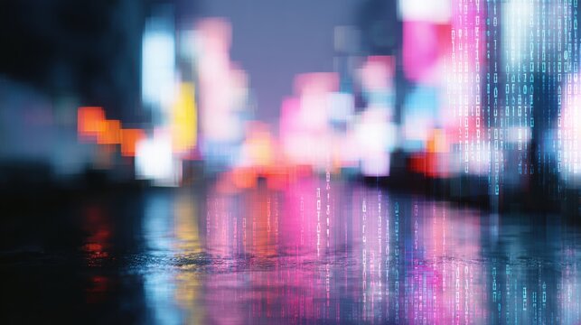 Abstract Digital Cityscape With Neon Lights And Binary Code Overlay. Futuristic Urban Technology Concept - Powered by Adobe