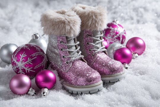 Elaborate holiday decor featuring Christmas colored baubles 2017 New Year Silver and pink ornaments scattered beside vibrant boots on snowflakes