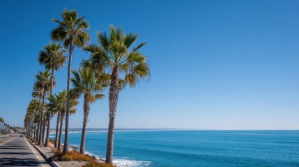 Coastal Road Lined With Palm Trees Overlooking Blue Ocean. Scenic Drive Along The Shoreline