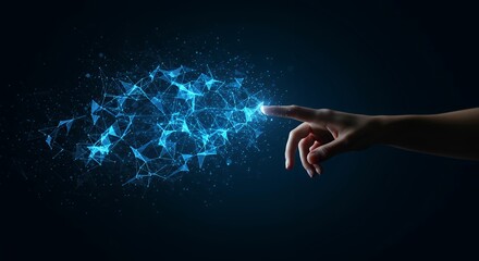 Hand interacting with illuminated digital brain network symbolizing artificial intelligence and neural network technology advancement