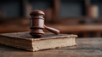 Gavel Resting On An Old Book In A Courtroom Setting. Symbol Of Justice And Legal Authority