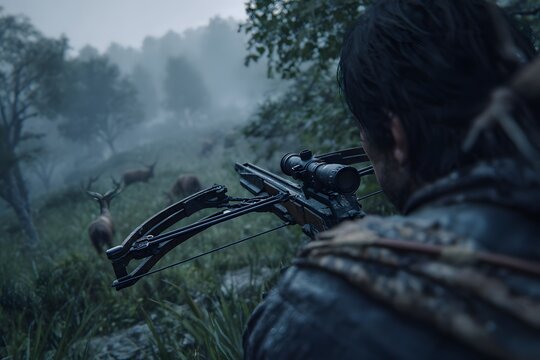 Hunter aiming crossbow at deer in forest - Powered by Adobe