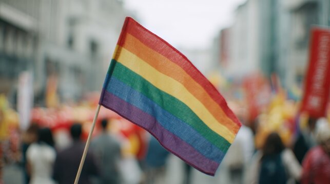 Rainbow Flag Waving At Pride Parade With Blurred Crowd In Background. Symbol Of Lgbtq+ Rights And Diversity Celebration