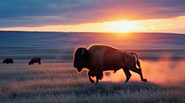 Bison charges through golden prairie during a breathtaking sunset, evoking wild freedom.